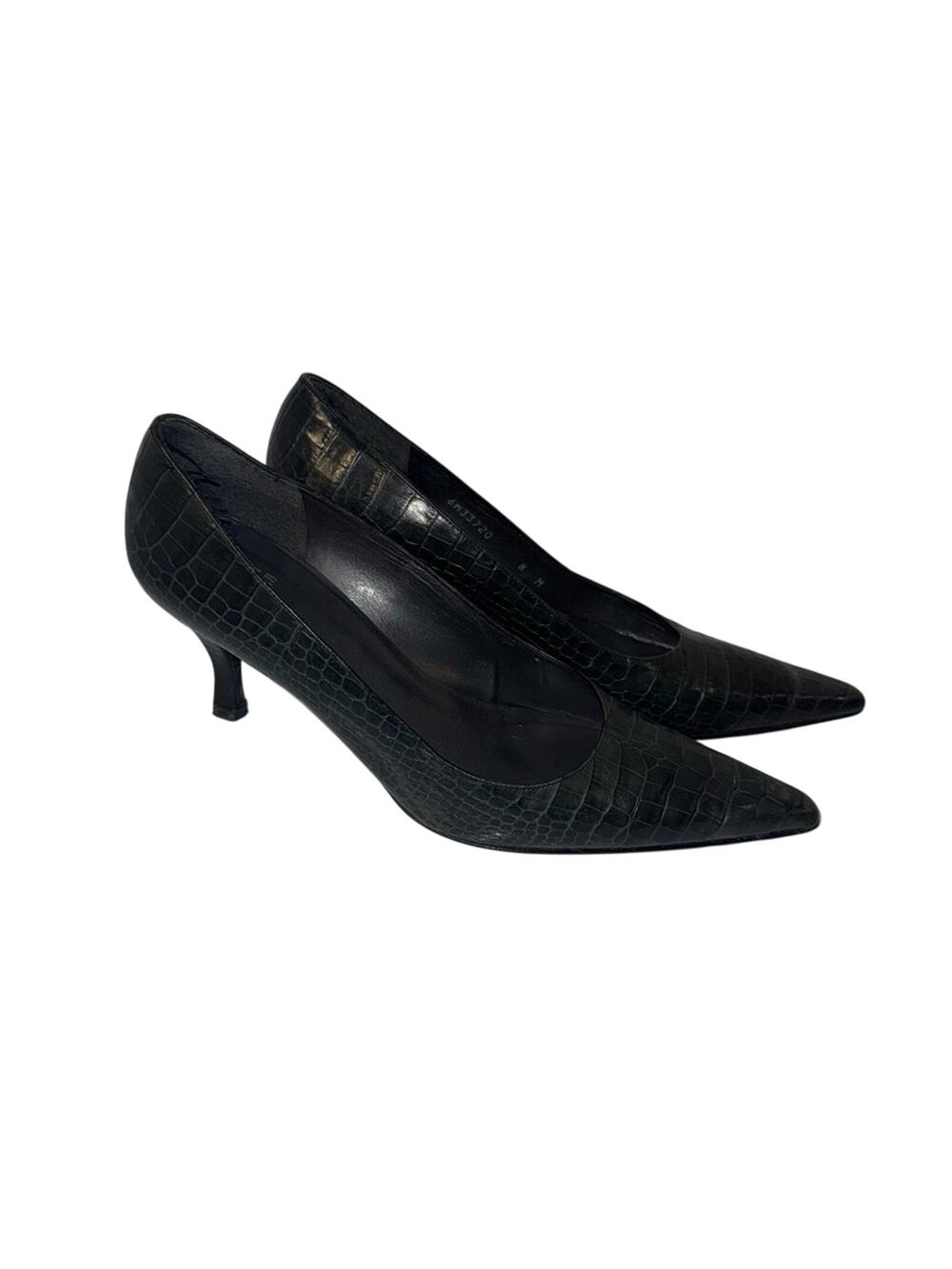 STUART WEITZMAN Pointed Toe Croc-Embossed Women’s Kitten Heels in Dark Green 8